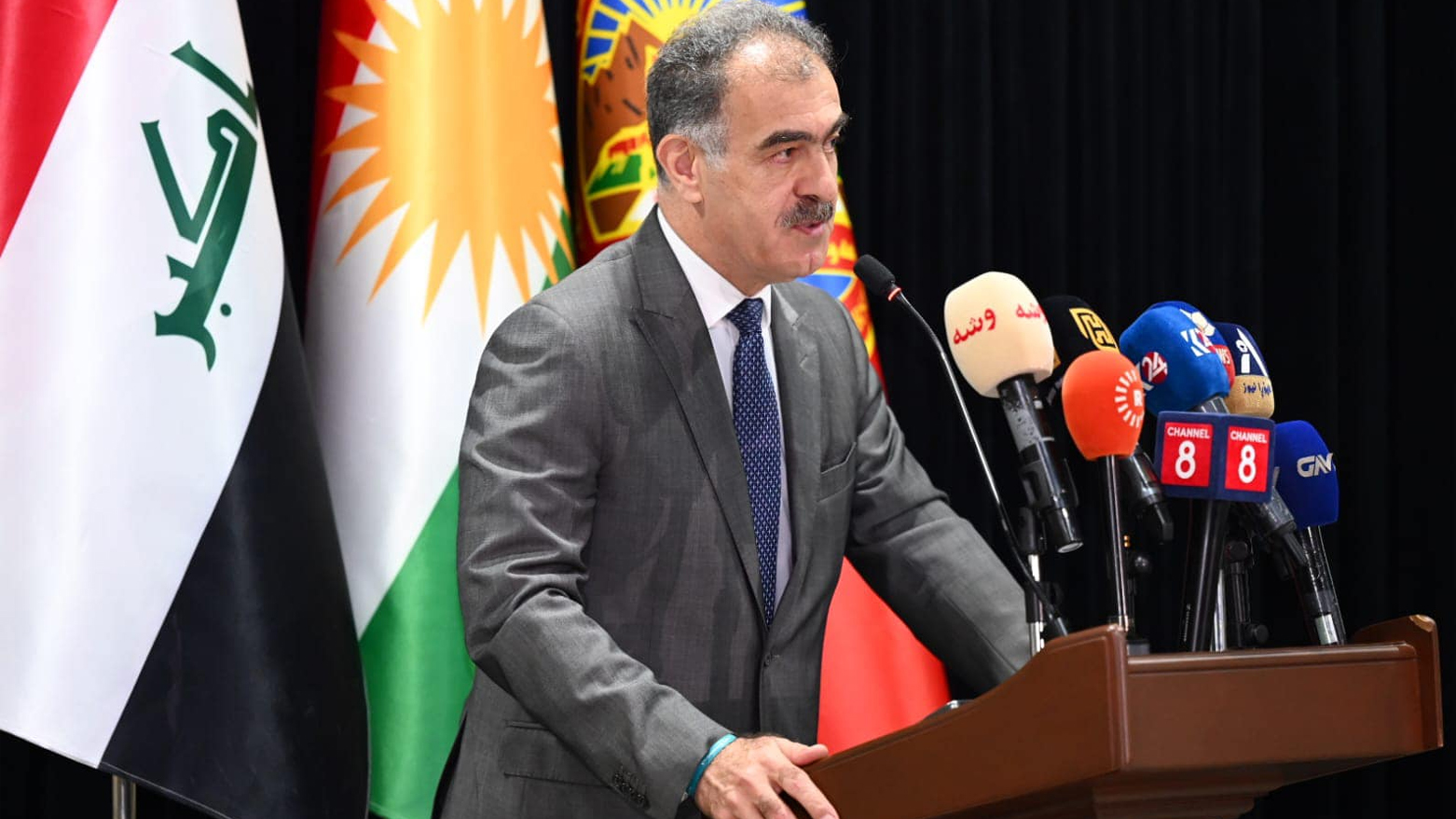 Head of KRG Department of Foreign Relations Safeen Dizayee is pictured during delivering remarks at Kurdish Diplomacy Week symposium in at Salahaddin University-Erbil, Oct. 8, 2023. (Photo: Erbil Governorate)