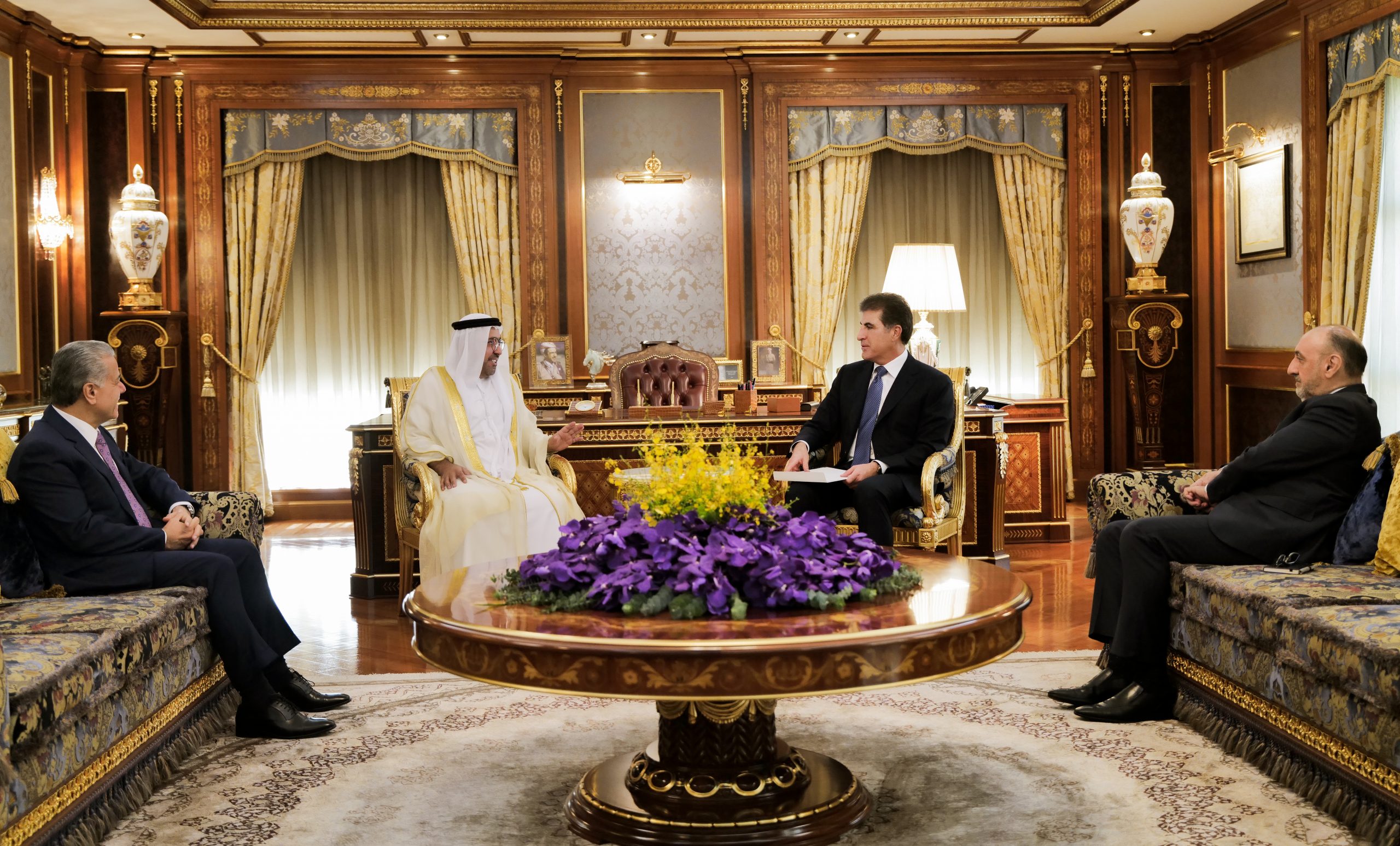Kurdistan Region President Nechirvan Barzani (top right) is pictured during his meeting with UAE Consul General in Erbil Ahmed Aldhaheri (top left), Oct. 8, 2023. (Photo: Kurdistan Region Presidency)