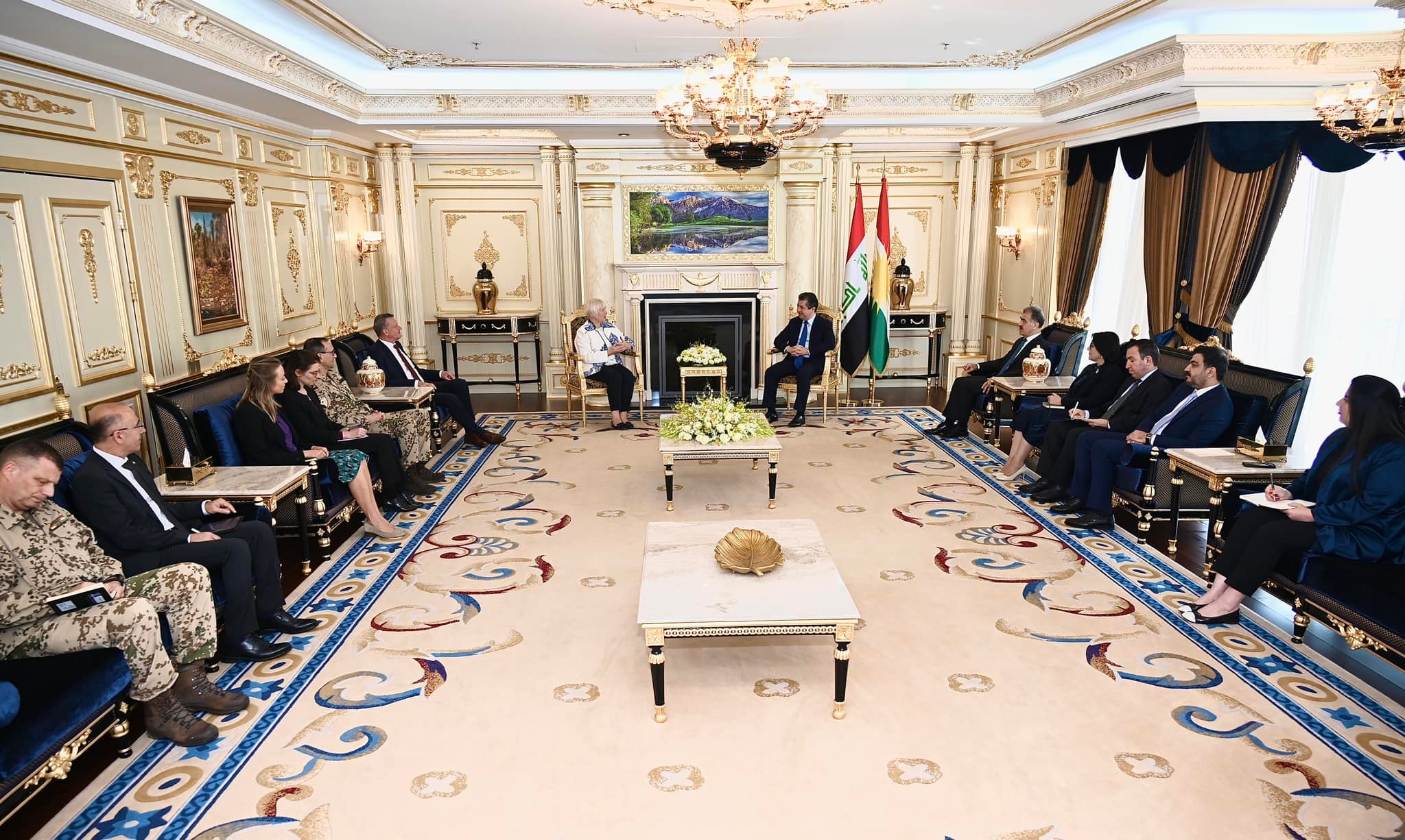 Kurdistan Region Prime Minister Masrour Barzani (top right) is pictured during his meeting with Germany's newly inaugurated Ambassador to Iraq Christiane Hohmann, Oct. 9, 2023. (Photo: KRG)