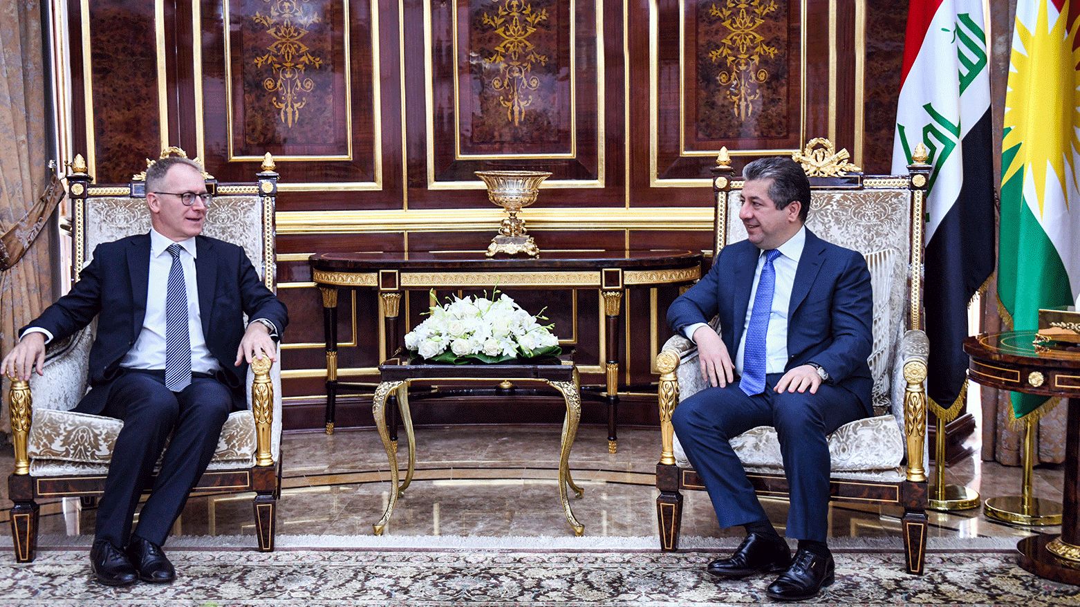 Kurdistan Region Prime Minister Masrour Barzani (right) is pictured during his meeting with Italy’s Ambassador to Iraq Maurizio Greganti in Erbil, Oct. 10, 2023. (Photo: KRG)