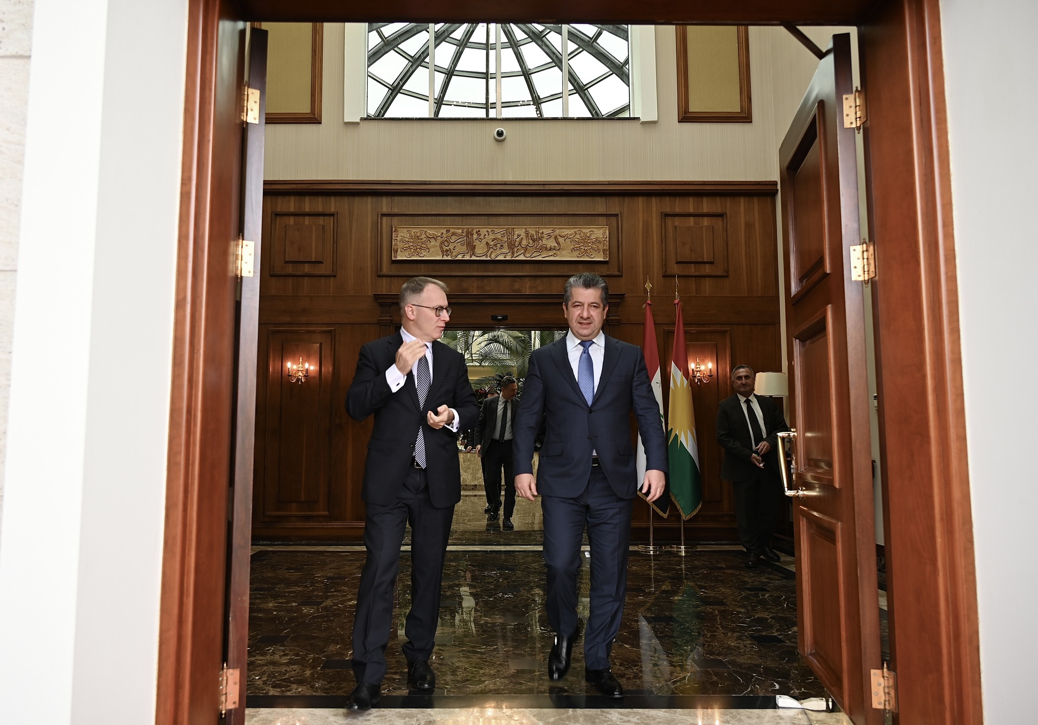 Kurdistan Region Prime Minister Masrour Barzani (right) is pictured walking alongside Italy’s Ambassador to Iraq Maurizio Greganti in Erbil, Oct. 10, 2023. (Photo: KRG)
