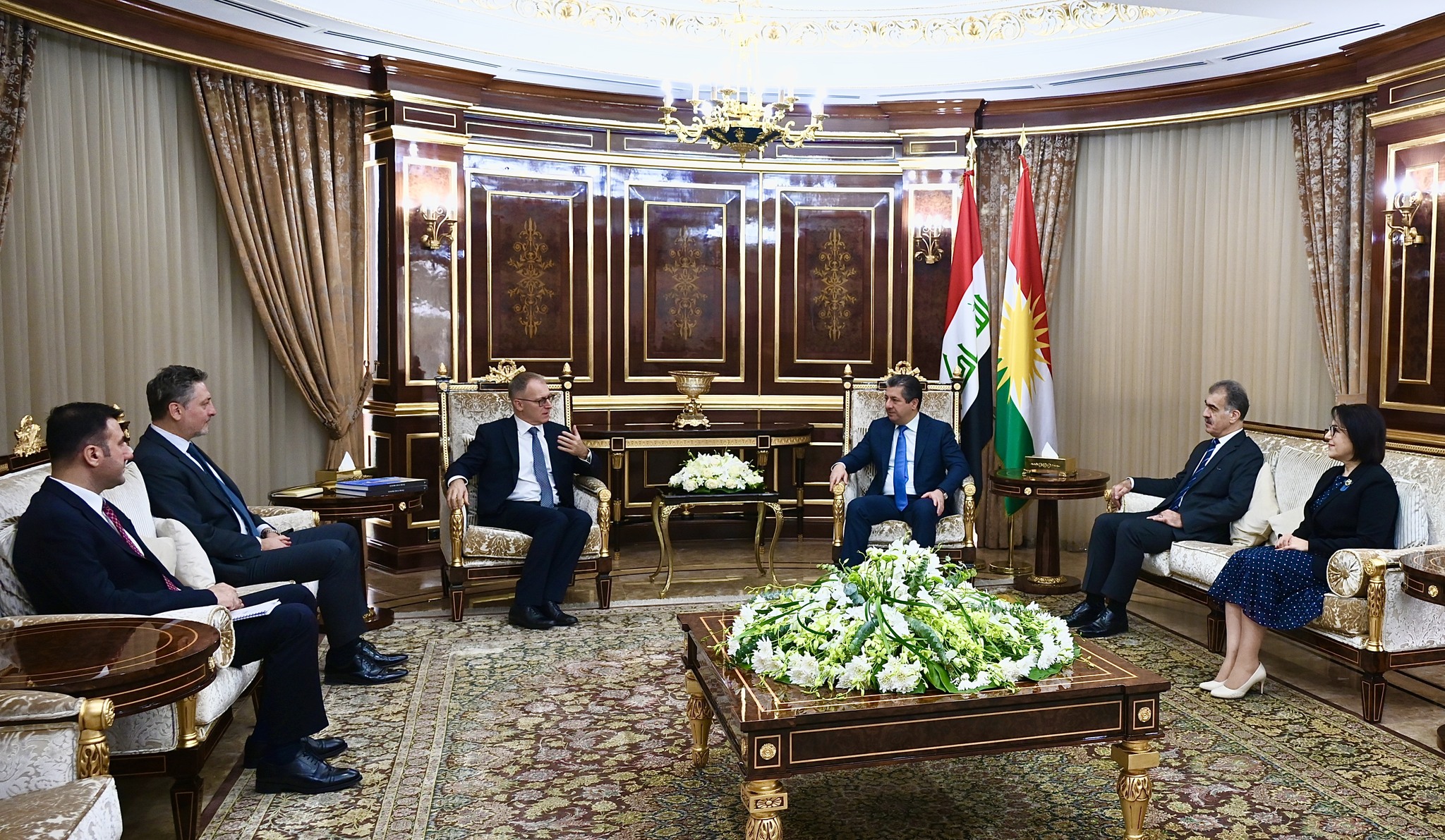 Kurdistan Region Prime Minister Masrour Barzani (top right) is pictured during his meeting with Italy’s Ambassador to Iraq Maurizio Greganti in Erbil, Oct. 10, 2023. (Photo: KRG)