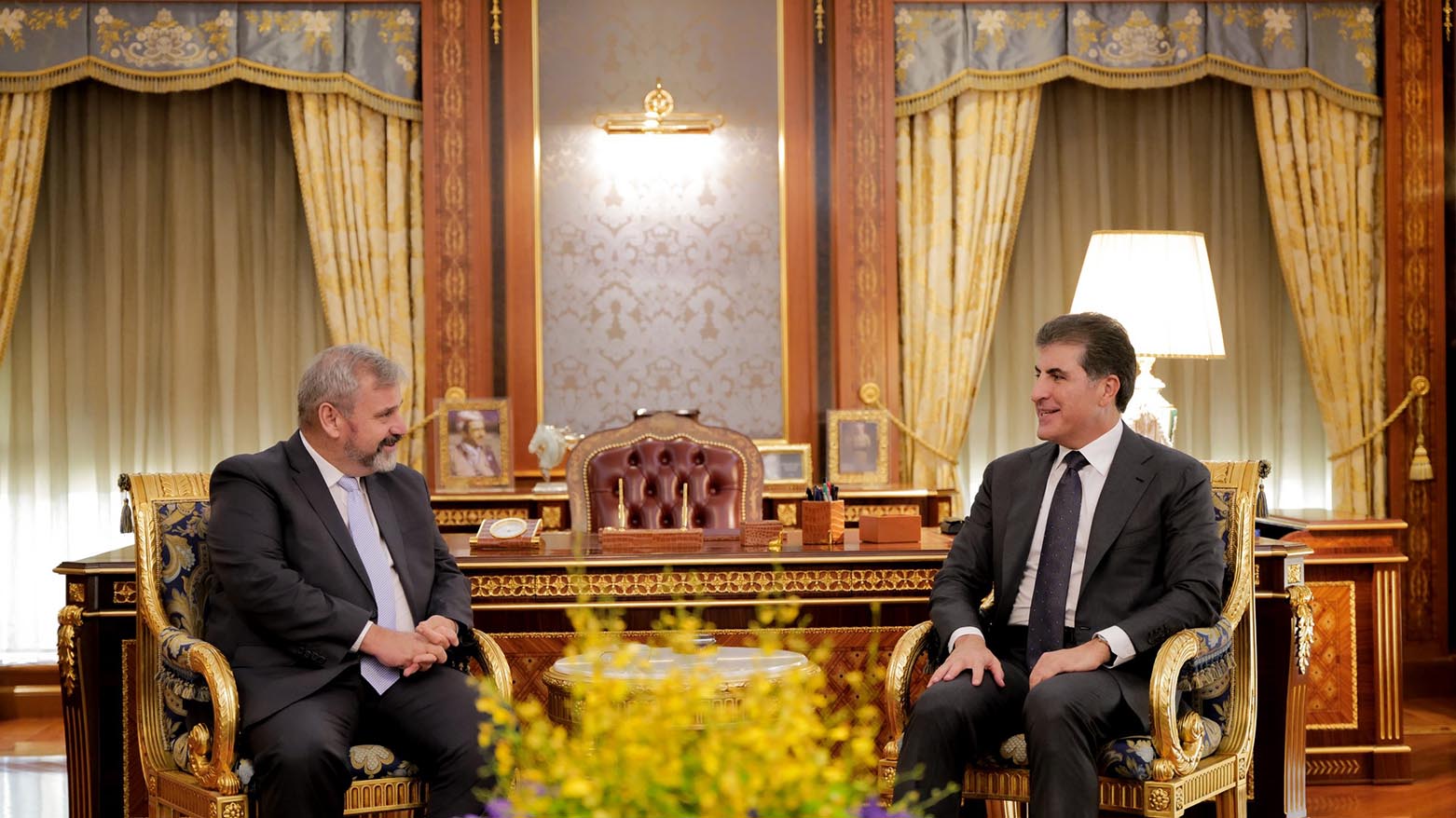 Nechirvan Barzani, the president of the Kurdistan Region (right), during his meeting with the incoming European Union Ambassador to Iraq, Thomas Seiler, Oct. 11, 2023. (Photo: Kurdistan Region Presidency)
