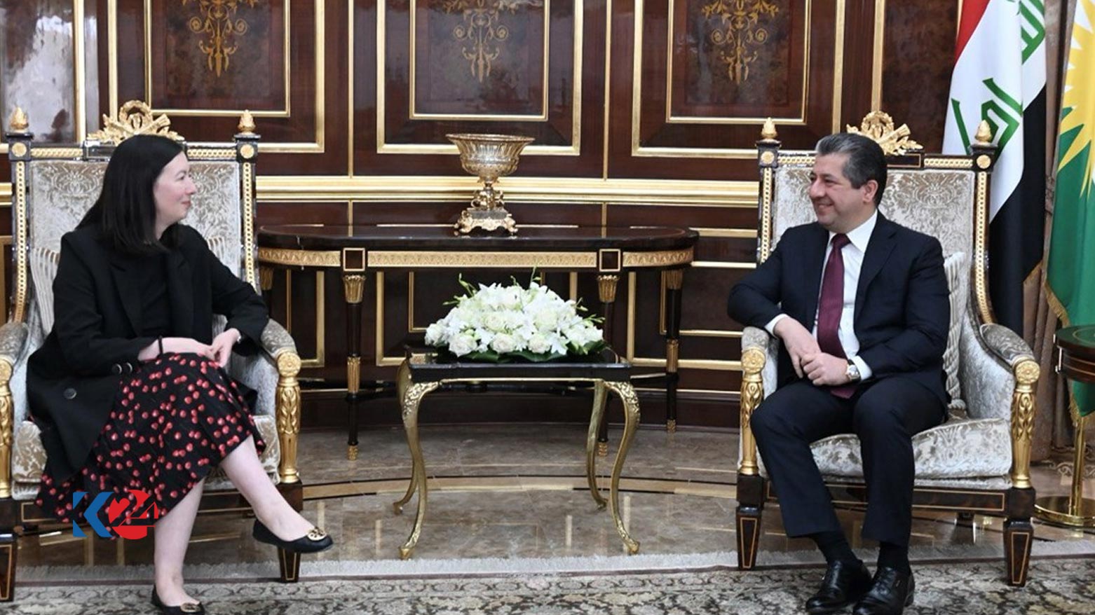 Kurdistan Region Prime Minister Masrour Barzani (right) during his meeting with US Deputy Assistant Secretary of State for Iraq and Iran, Victoria Taylor, Oct. 12, 2023. (Photo: KRG)