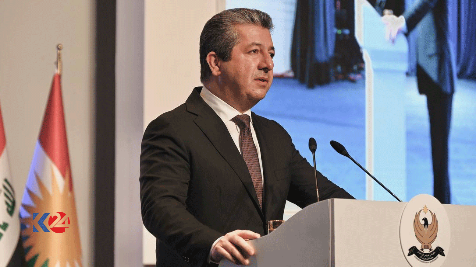 Kurdistan Region Prime Minister Masrour Barzani speaking at Conference on Combating Drugs and Psychotropic Substances, Oct. 15, 2023. (Photo: KRG)