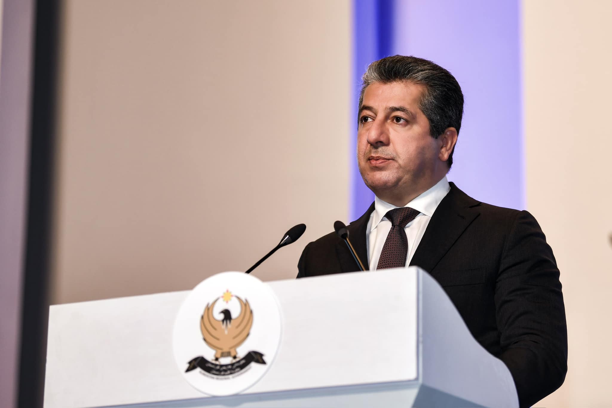 Kurdistan Region Prime Minister Masrour Barzani speaking at Conference on Combating Drugs and Psychotropic Substances, Oct. 15, 2023. (Photo: KRG)