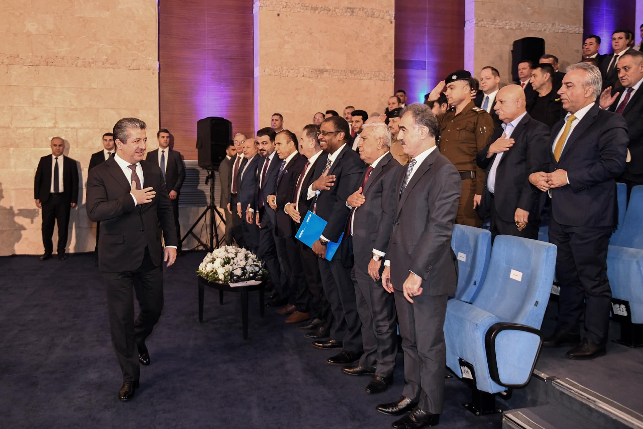 Kurdistan Region Prime Minister Masrour Barzani (left) greeting participants at Conference on Combating Drugs and Psychotropic Substances, Oct. 15, 2023. (Photo: KRG)