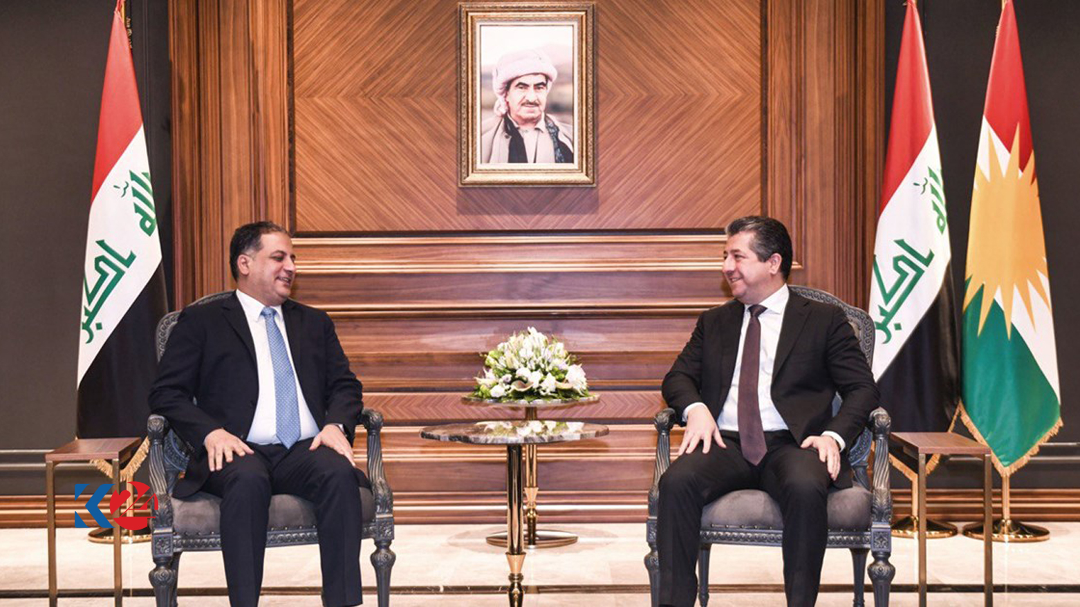 Kurdistan Region Prime Minister Masrour Barzani (right) during his meeting with Iraqi Minister of Youth and Sports Ahmed Al-Mubarqa in Erbil, Oct. 15, 2023. (Photo: KRG)