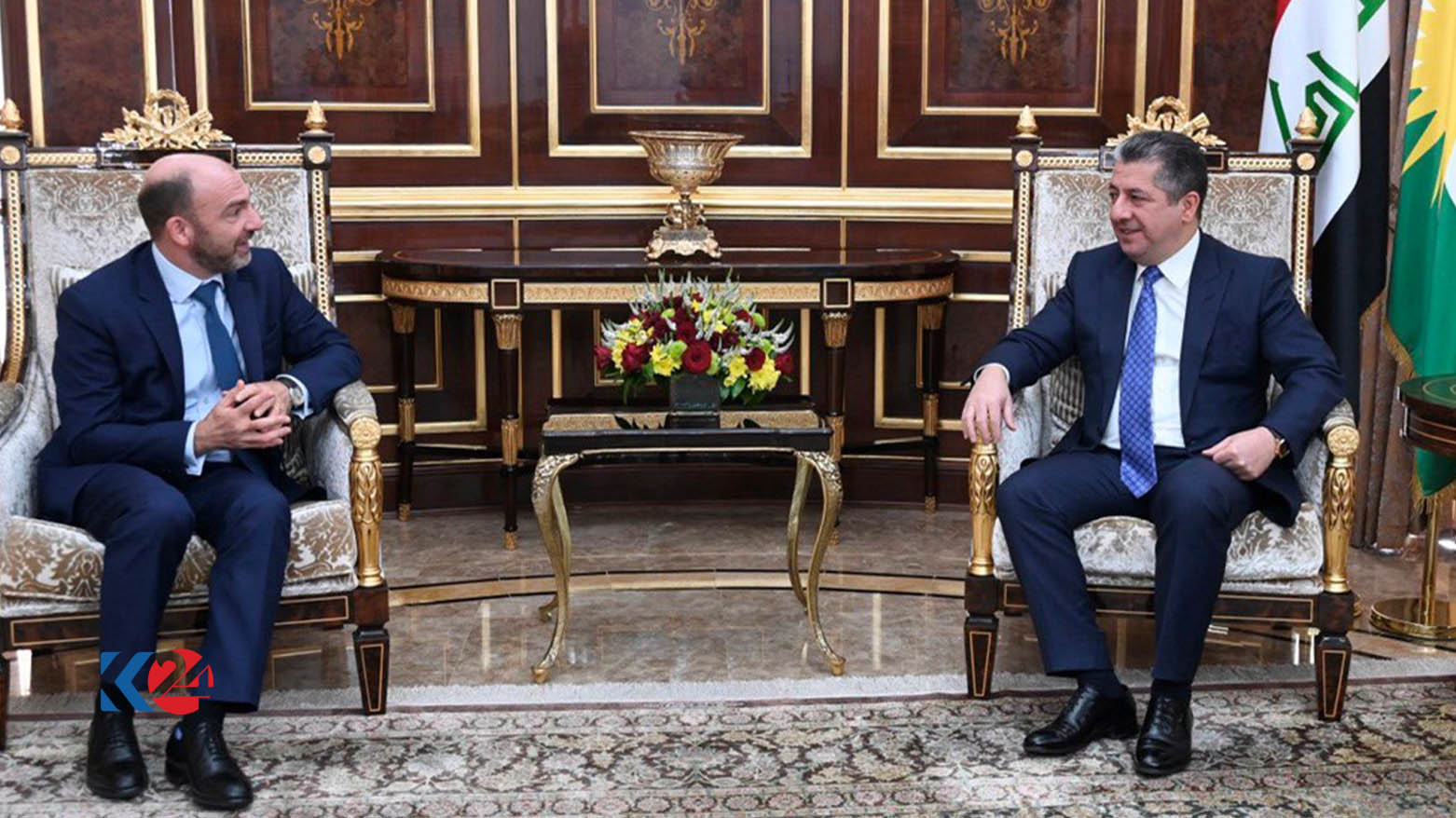 Kurdistan Region Prime Minister Masrour Barzani (right) pictured during a meeting with Serge Dickschen, the new ambassador of Belgium to Jordan and Iraq, Oct. 18, 2023. (Photo: KRG)
