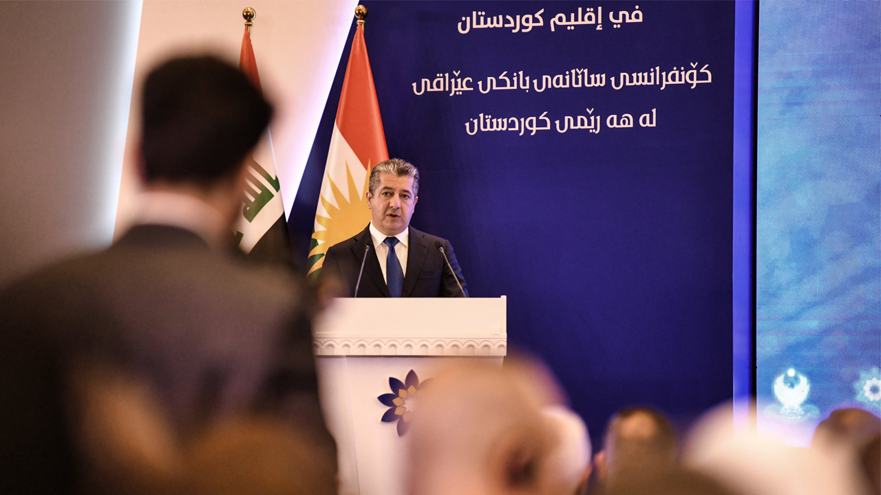 Kurdistan Region Prime Minister Masrour Barzani delivering remarks at the banking conference in Erbil, Oct. 21, 2023. (Photo: KRG)