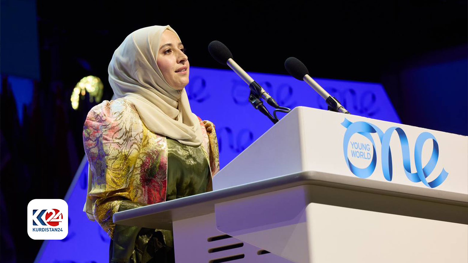 Walaa Musheer Ahmed delivering a speech at the One Young World Summit. (Photo: Submitted to Kurdistan 24)