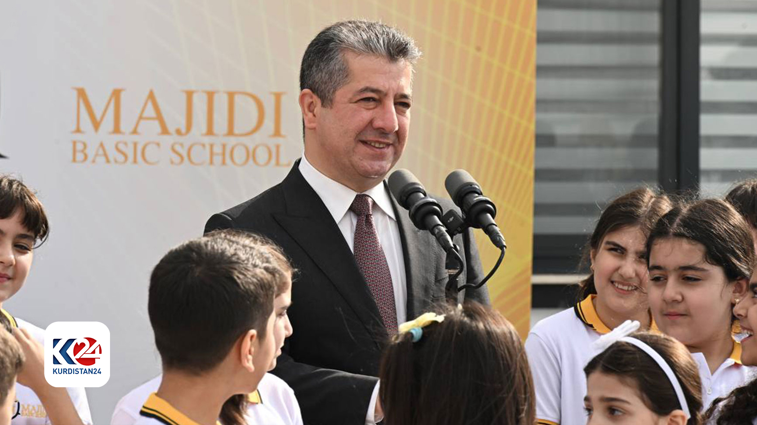 Kurdistan Region Prime Minister Masrour Barzani (center) speaking following the inauguration of a primary school in Erbil, Oct. 25, 2023. (Photo: Kurdistan 24)