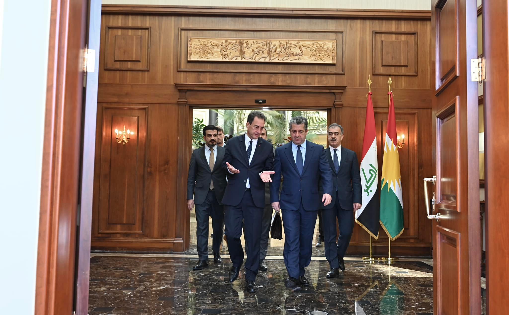 Kurdistan Region Prime Minister Masrour Barzani (right) walking alongside French Ambassador to Iraq Eric Chevalier in Erbil, Oct. 28, 2023. (Photo: KRG)