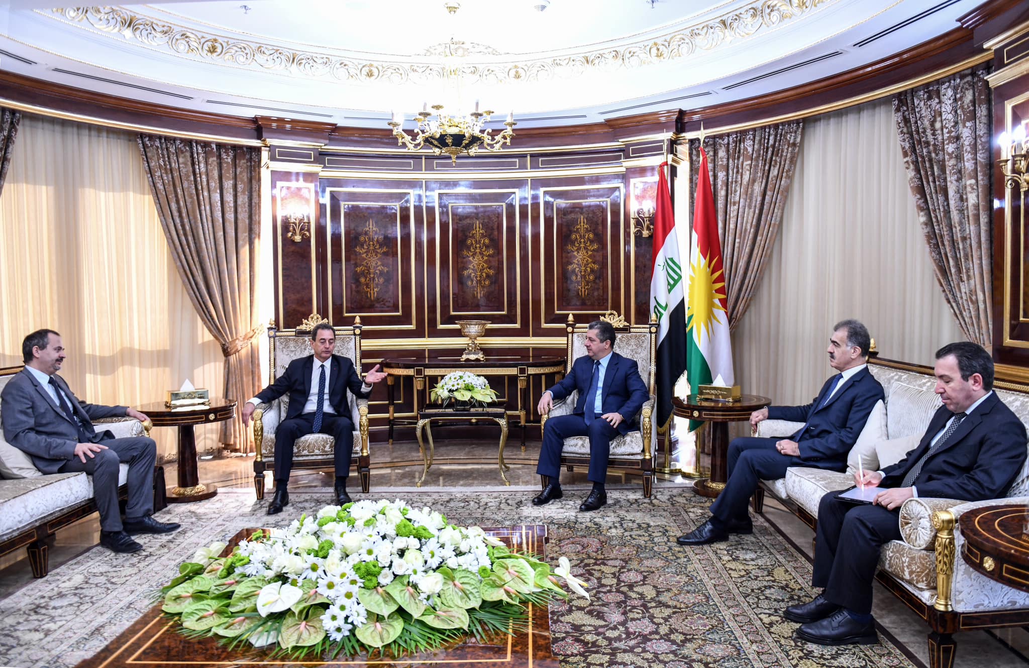 Kurdistan Region Prime Minister Masrour Barzani (top right) is pictured during his meeting with French Ambassador to Iraq Eric Chevalier in Erbil, Oct. 28, 2023. (Photo: KRG)