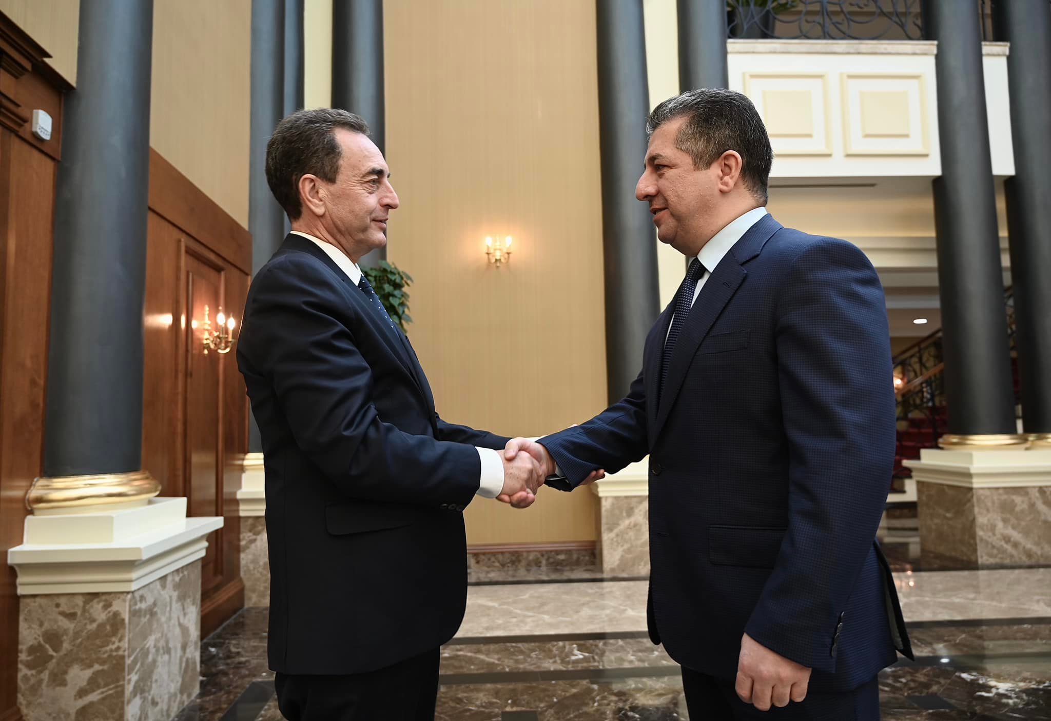Kurdistan Region Prime Minister Masrour Barzani (right) is pictured shaking hands with French Ambassador to Iraq Eric Chevalier in Erbil, Oct. 28, 2023. (Photo: KRG)