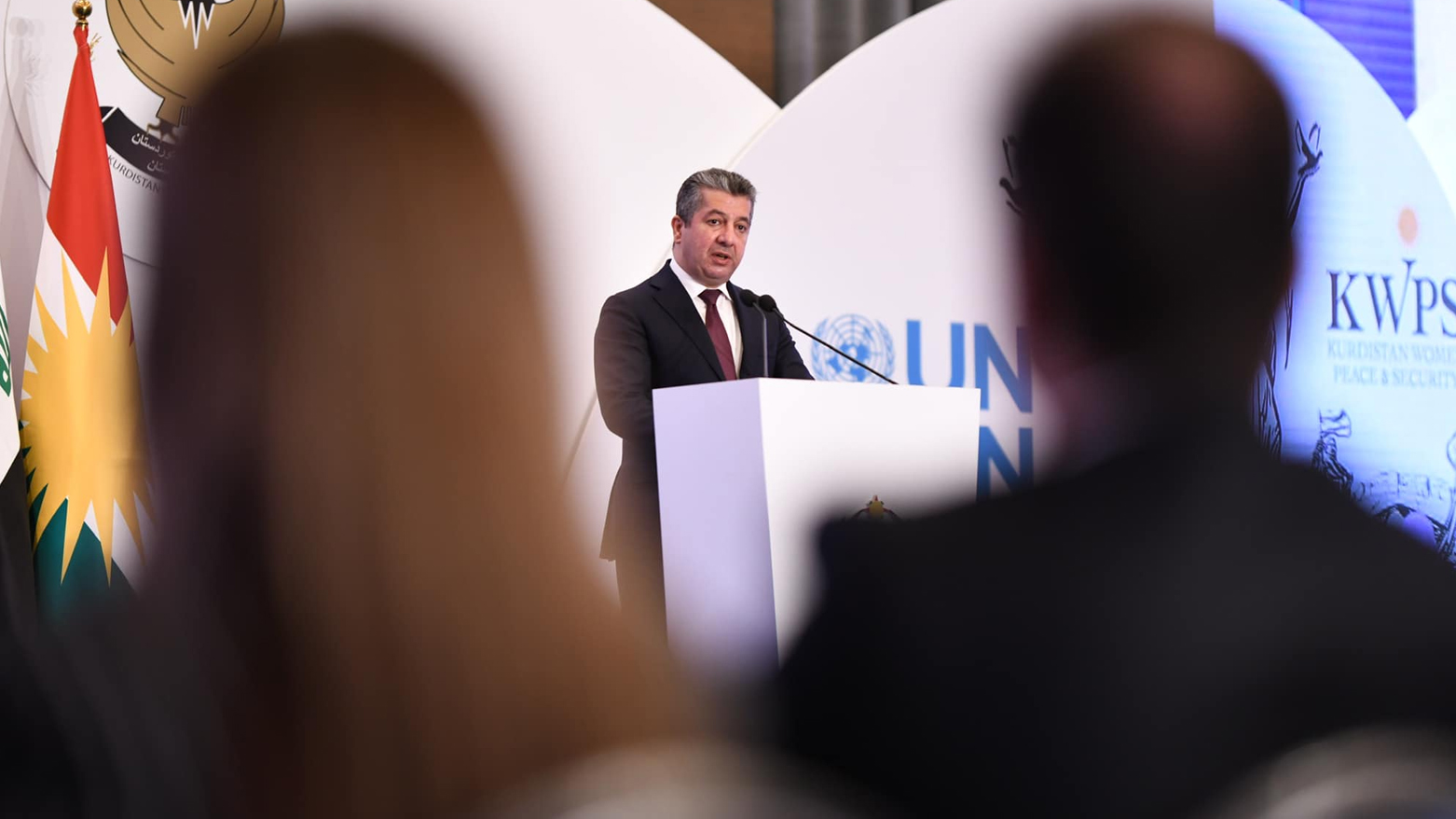 Kurdistan Region Prime Minister Masrour Barzani speaking during an event in Erbil to commemorate a UNSC resolution 1325 on women and peace, Oct. 31, 2023. (Photo: KRG)