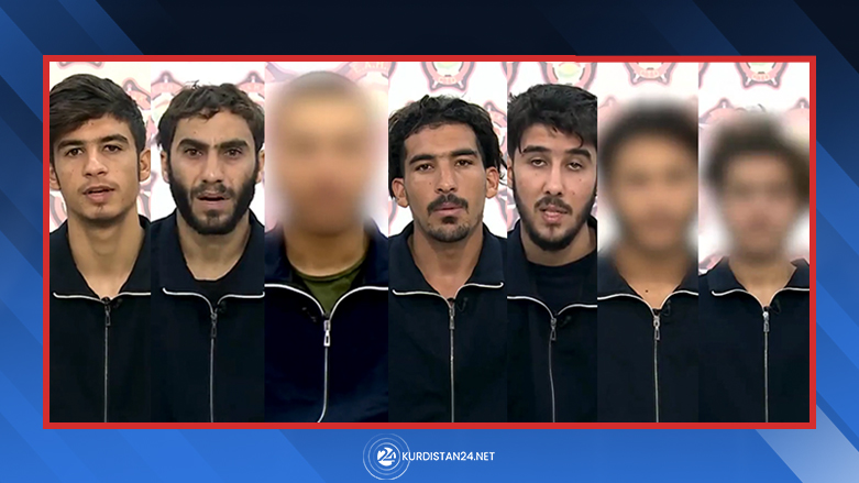 The seven-member alleged ISIS cell who were arrested in Erbil recently. The faces of three of the suspects have been blurred out because they are aged under 18. (Photo: Kurdistan 24)