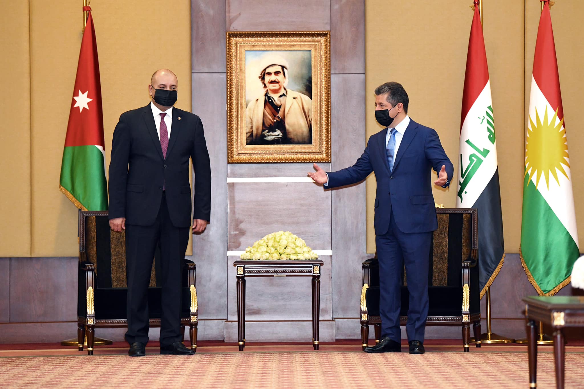 KRG PM Masrour Barzani (right) is pictured while welcoming Jordanian Parliament Speaker Abdel Moneim al-Awdat in capital Erbil,  Spt. 5, 2021. (Photo: KRG)
