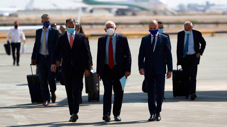 Josep Borrell (center) is pictured as he landed in Baghdad International Airport on Monday for his two-day visit to the country, Sept. 6, 2021. (Photo:  EU)