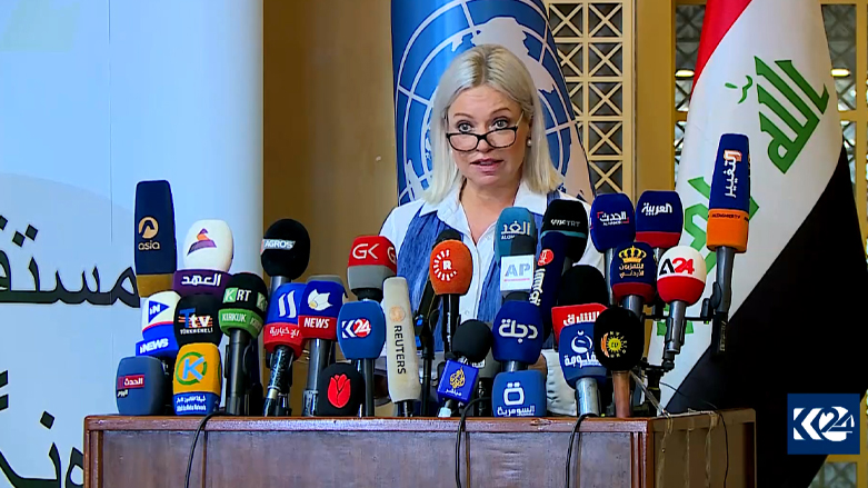 Jeanine Hennis-Plasschaert, the United Nations Special Representative for Iraq, is pictured while speaking to journalists in Baghdad on Iraq's upcoming elections in October, Sept. 7, 2021. (Photo: Screengrab/Kurdistan24)