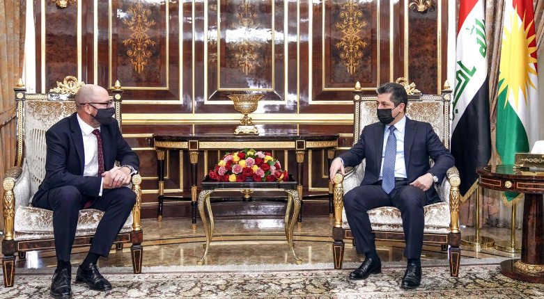 KRG Prime Minister Masrour Barzani (right) is pictured during his meeting with UK's new Consul General to Erbil David Hunt, Sept. 12, 2021. (Photo: KRG)