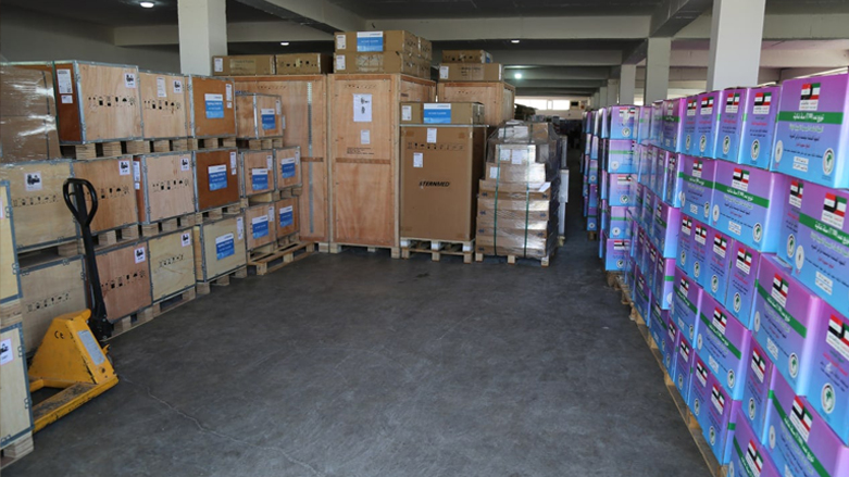 The donated foodstuff and medical equipment are pictured at a warehouse in Kurdistan Region's Erbil, Sept. 12, 2021. (Photo: BCF)