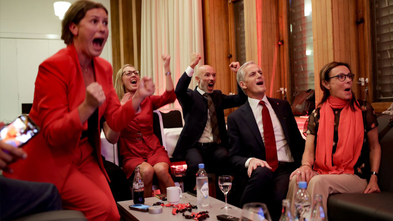 Labour leader Jonas Gahr Store cheers after seeing the exit poll during the Labour's election party following the 2021 Norwegian parliamentary elections, in Oslo, Norway, Sept. 13, 2021. (Photo: AP)