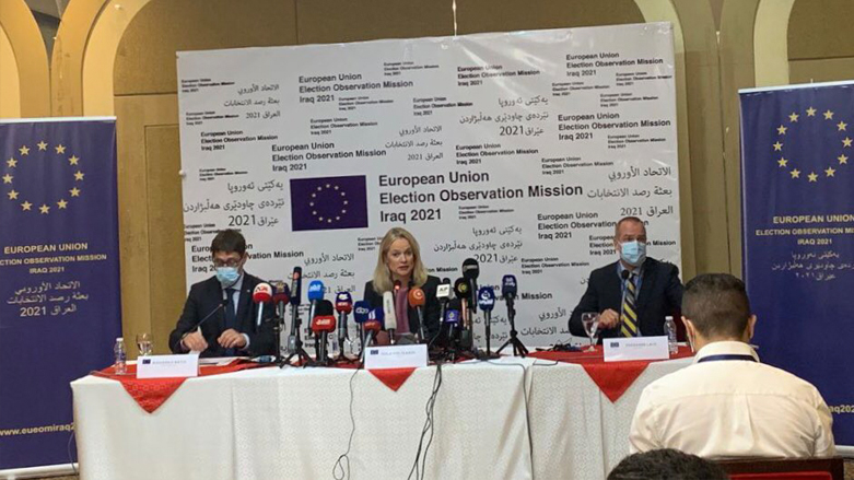 Viola von Cramon (center), the Chief Observer from EU to Iraqi elections, is pictured during a launching press conference in Baghdad, Sept. 16, 2021. (Photo: German Embassy Iraq/Twitter))