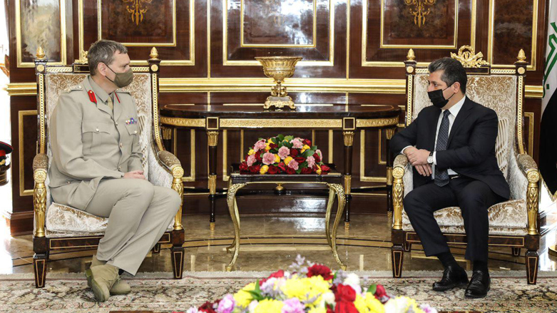 Kurdistan Region Prime Minister Masrour Barzani receives Brigadier General Richard Bell in Erbil, Sept. 16, 2021. (Photo: KRG)