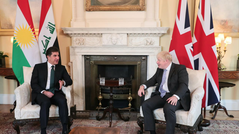UK Prime Minister Boris Johnson (right) is pictured in welcomes Kurdistan Region President Nechirvan Barzani to his London office, Sept. 17, 2021. (Photo: Kurdistan Region Presidency)