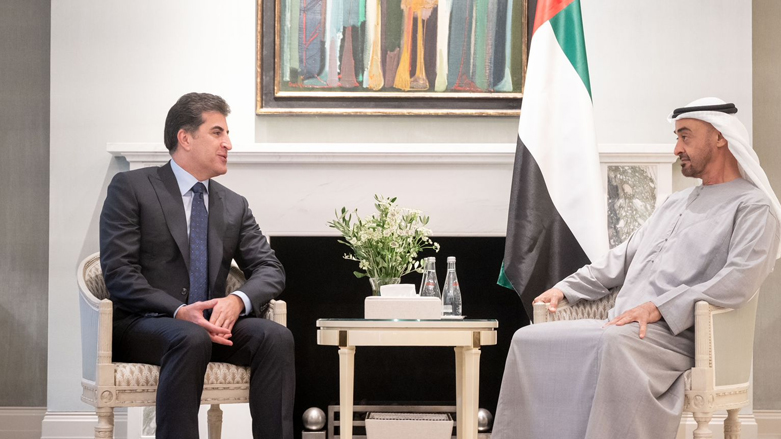 Kurdistan Region Nechirvan Barzani (left) meets with Mohammed bin Zayed Al Nahyan, Crown Prince of Abu Dhabi in the UAE, Sept. 18, 2021. (Photo: Kurdistan Region Presidency)