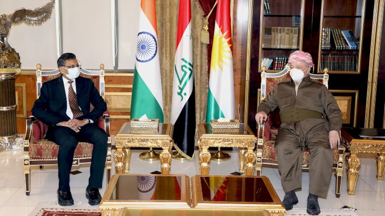 India's new Ambassador to Iraq Prashant Pise during a meeting President Masoud Barzani in Erbil on Sept. 19, 2021. (Photo: Masoud Barzani's Office)