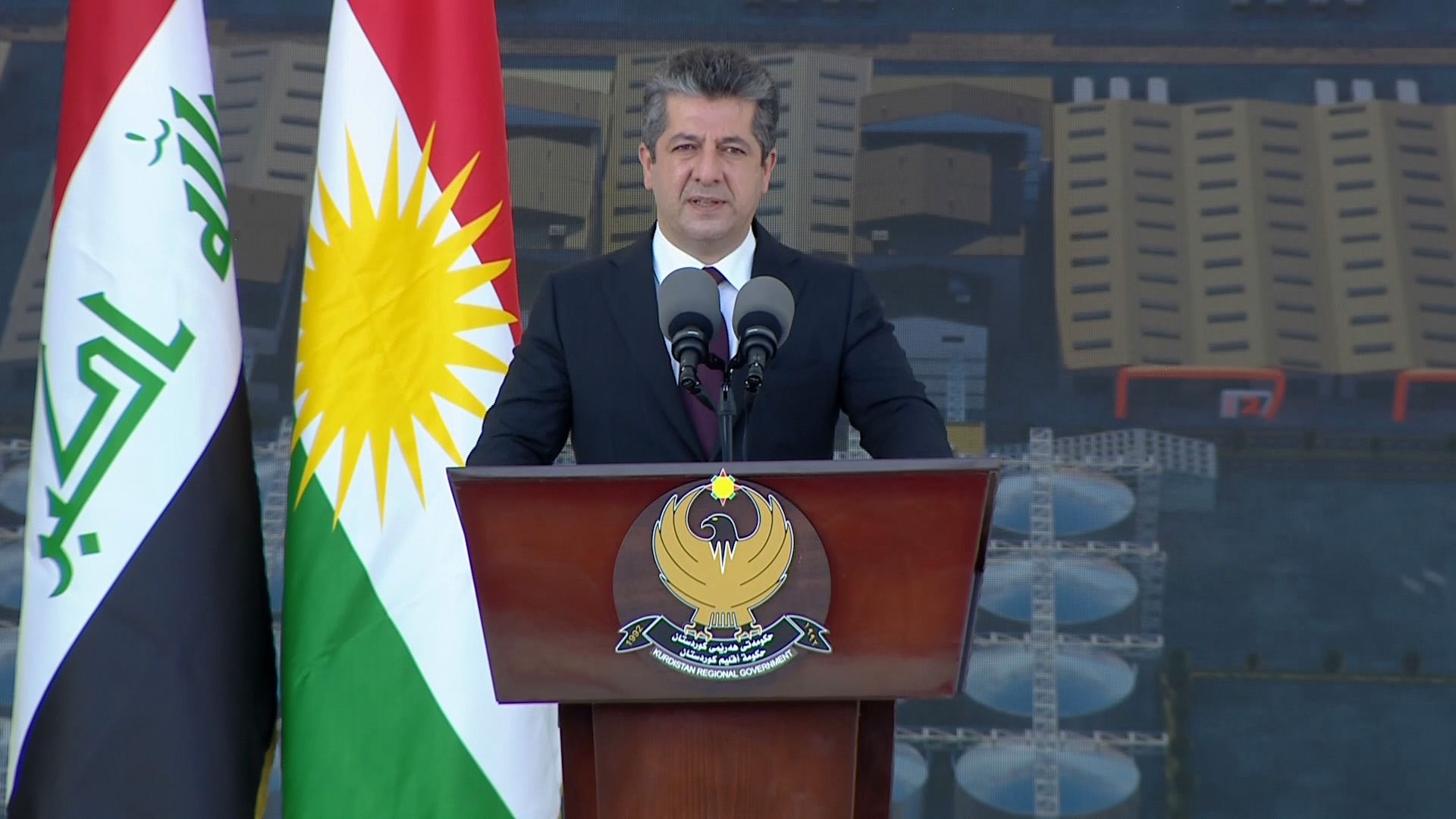Masrour Barzani, Kurdistan Region’s Prime Minister during his speech in Duhok in a ceremony to lay the foundation stone for wheat marketing project, Sept. 20, 2021. (Photo: Kurdistan 24)