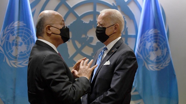 US President Joe Biden (R) meets Iraq President Barham Salih on the sidelines of the opening of the UN General Assembly in New York, United States, Sept. 21, 2021. (Photo: Iraqi Presidency)