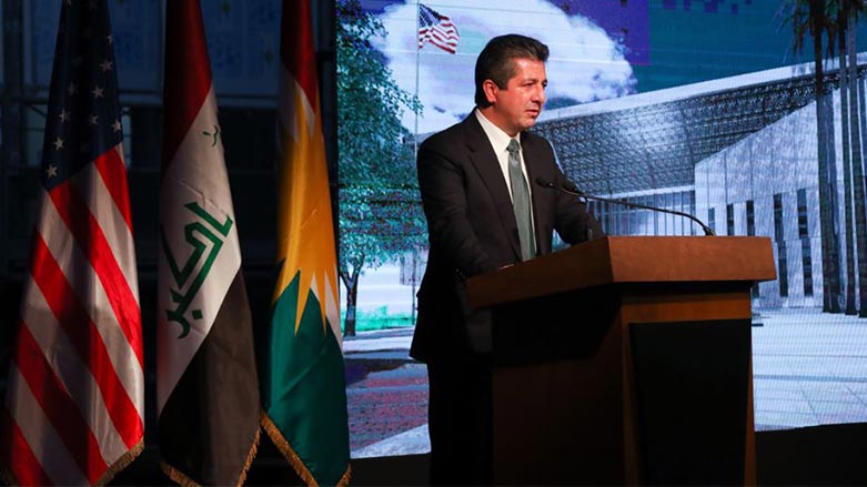 Kurdistan Region Prime Minister Masrour Barzani gives a speech at the newly-completed US Consulate building in Erbil, Sept. 22, 2021. (Photo: Kurdistan 24)