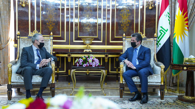 KRG PM Masrour Barzani (right) is pictured during his meeting with new Spanish Ambassador to Iraq Pedro Martinez-Avial, Sept. 23, 2021. (Photo: KRG)