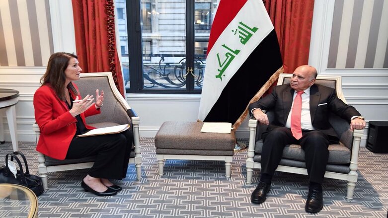 Iraqi Foreign Minister Fuad Hussein (right) talking with his Belgian counterpart Sophie Wilmès in New York on Sept. 26, 2021. (Photo: Iraqi Ministry of Foreign Affairs)