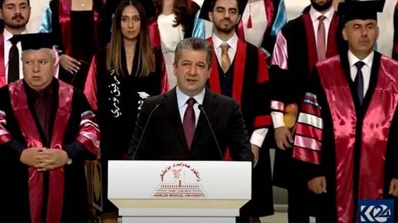 Kurdistan Region Prime Minister Masrour Barzani, delivering a speech at the graduation ceremony of Hawler Medical University’s students, September 10, 2022. (Photo: Kurdistan 24)