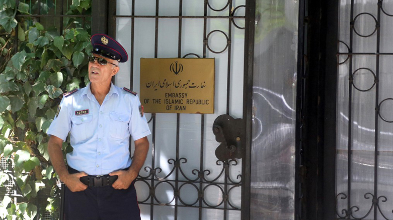 A police officer stands guard outside the Embassy of the Islamic Republic of Iran in Albania's Tirana on September 7, 2022. (Photo: Genth Shkullaku/AFP)