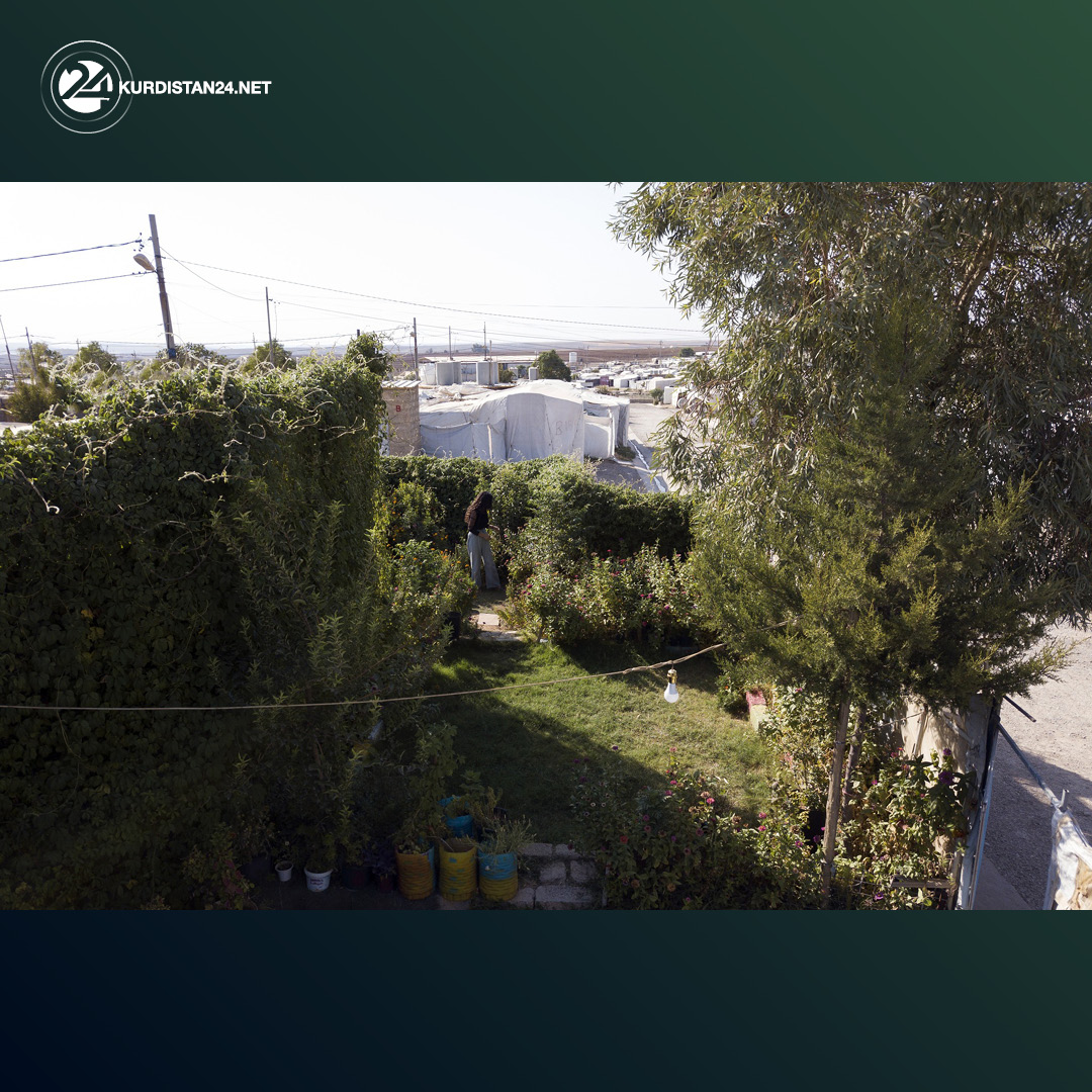 An aerial photo of the small garden that Khalida Shamo has created inside a displaced camp. (Photo: Anadolu Agency)