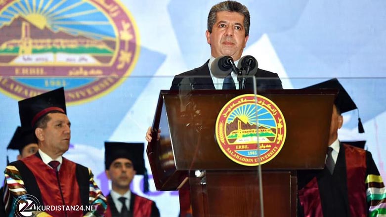 Kurdistan Region Prime Minister Masrour Barzani delivering a speech during a graduation ceremony of Salahaddin University-Erbil, Sept. 29, 2022. (Photo: KRG)