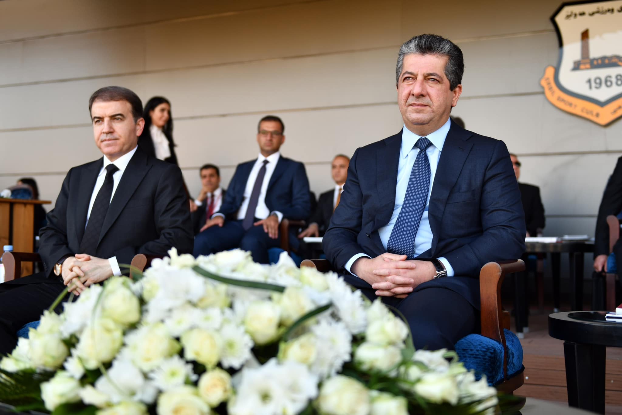 Kurdistan Region Prime Minister Masrour Barzani (right) participating at the Salahaddin University-Erbil’s graduation ceremony at Franso Hariri Football Stadium in Erbil, Sept. 30, 2022. (Photo: KRG)