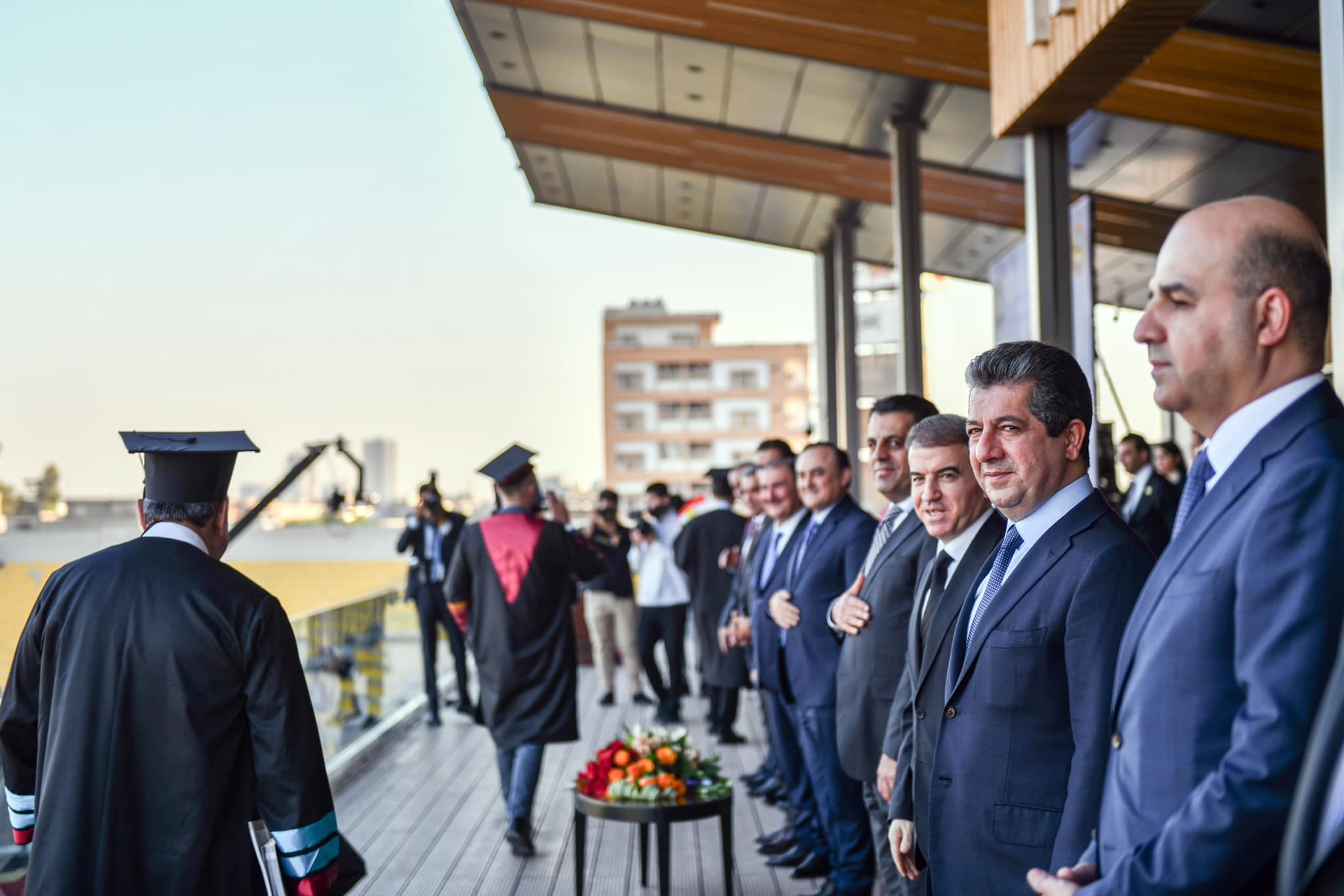 Kurdistan Region Prime Minister Masrour Barzani (right) participating at the Salahaddin University-Erbil’s graduation ceremony at Franso Hariri Football Stadium in Erbil, Sept. 30, 2022. (Photo: KRG)