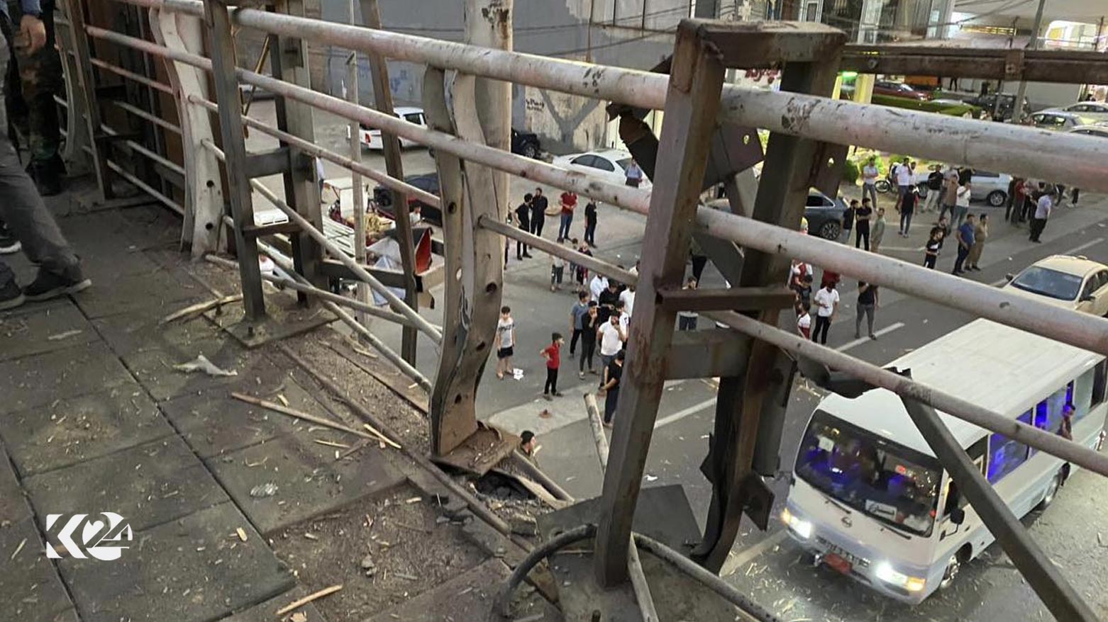 The explosion's area of impact on a pedestrian bridge. (Photo: Kurdistan 24)