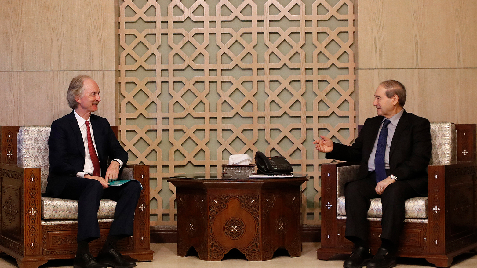 U.N. special envoy for Syria Geir Pedersen, left, meets with Syrian Foreign Minister Faisal Mekdad, in Damascus, Syria, Sept. 10, 2023. (Photo: Omar Sanadiki/ AP)