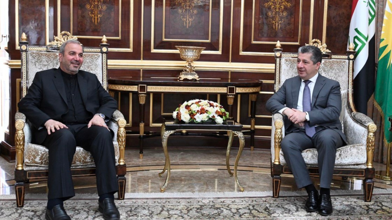 Kurdistan Region Prime Minister Masrour Barzani (right) during his meeting with Iranian Ambassador to Iraq Mohammad Kazem al-Sadeq, Sept. 11, 2023. (Photo: KRG)