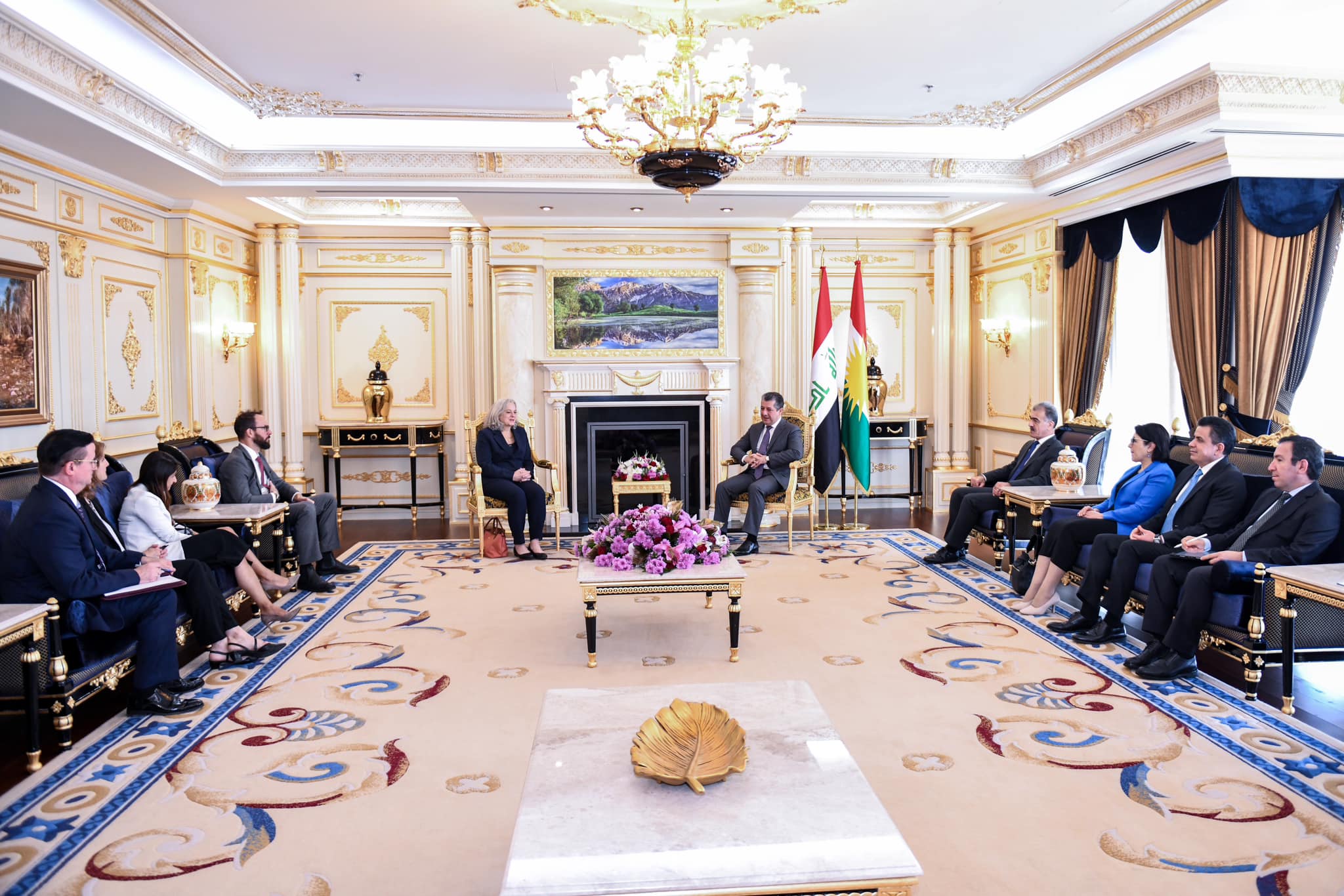 Kurdistan Region Prime Minister Masrour Barzani (top right) during his meeting with US Ambassador to Iraq Alina L. Romanowski, Sept. 11, 2023. (Photo: KRG)