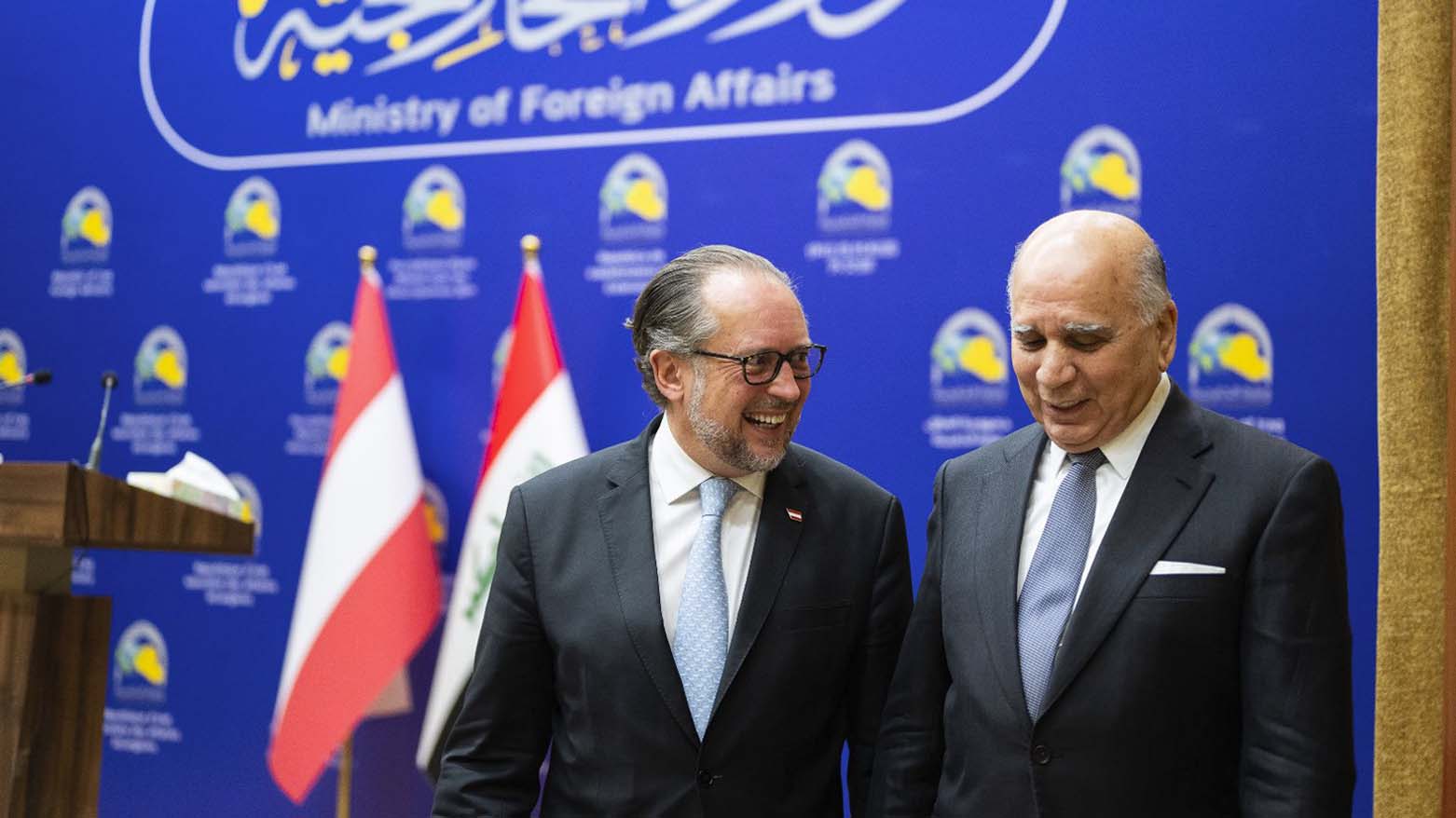 Iraqi Minister of Foreign Affairs and Deputy Prime Minister Fuad Hussein (right) walking alongside his Austrian counterpart Alexander Schallenberg in Baghdad, Sept. 12, 2023. (Photo: Alexander Schallenberg/X)