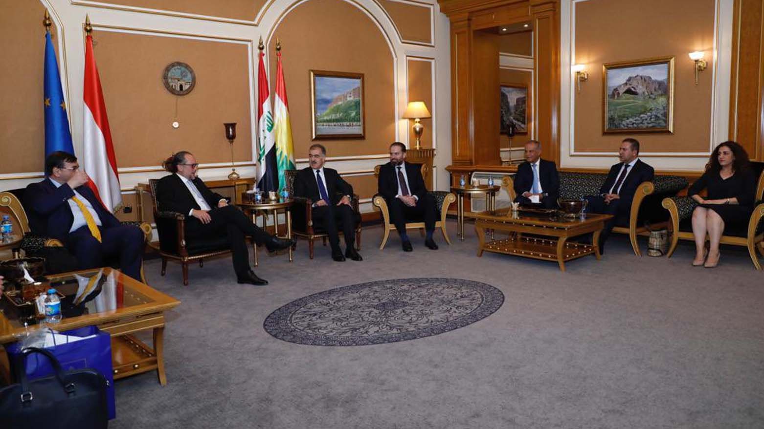 Head of KRG DFR Safeen Dizayee (top right) is pictured while receiving Austrian Minister of Foreign Affairs Alexander Schallenberg, Sept. 12, 2023. (Photo: KRG)
