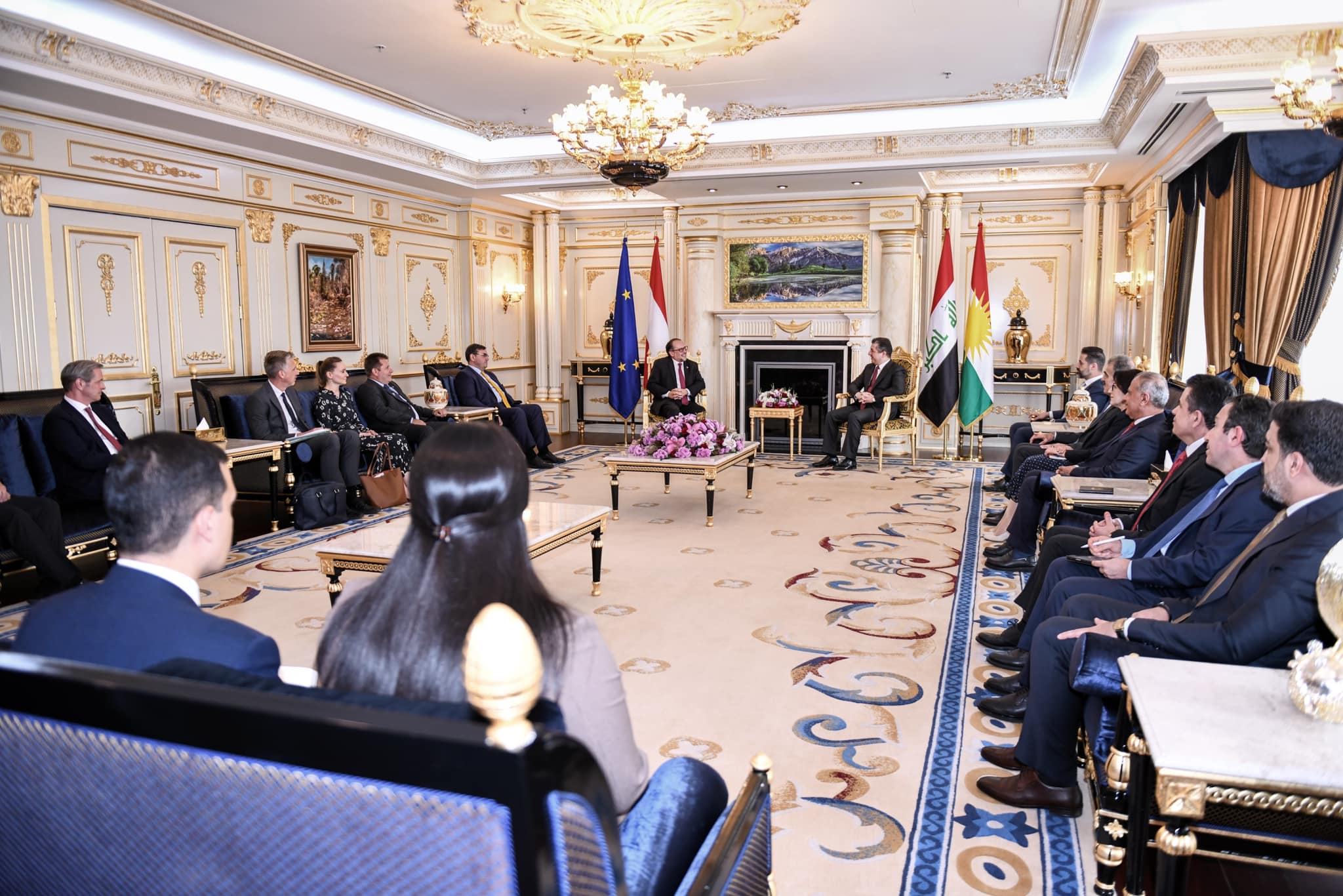 Kurdistan Region Prime Minister Masrour Barzani (top right) during his meeting with  Austrian Foreign Minister Alexander Schallenberg, Sept. 13, 2023. (Photo: KRG)